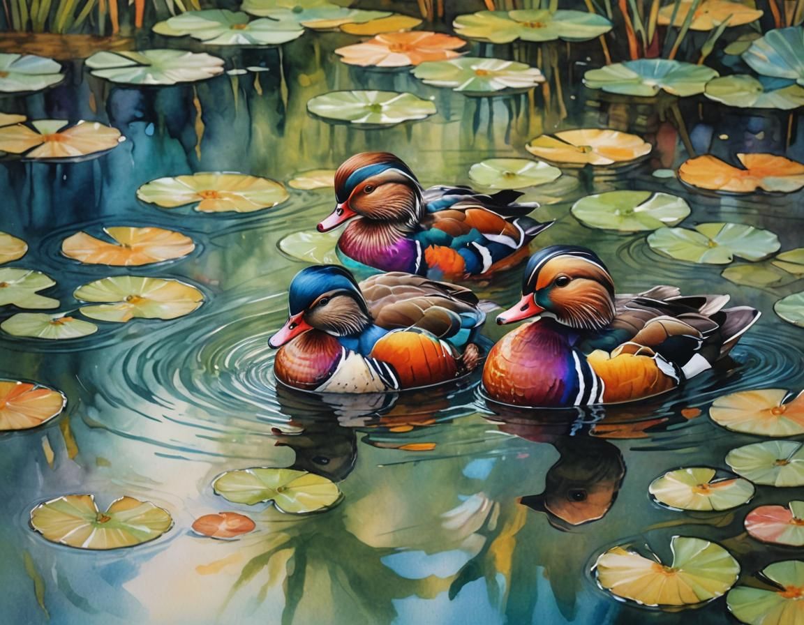 Mandarin Ducks in Sunlit Pond: Impressionist Gouache Paintin...
