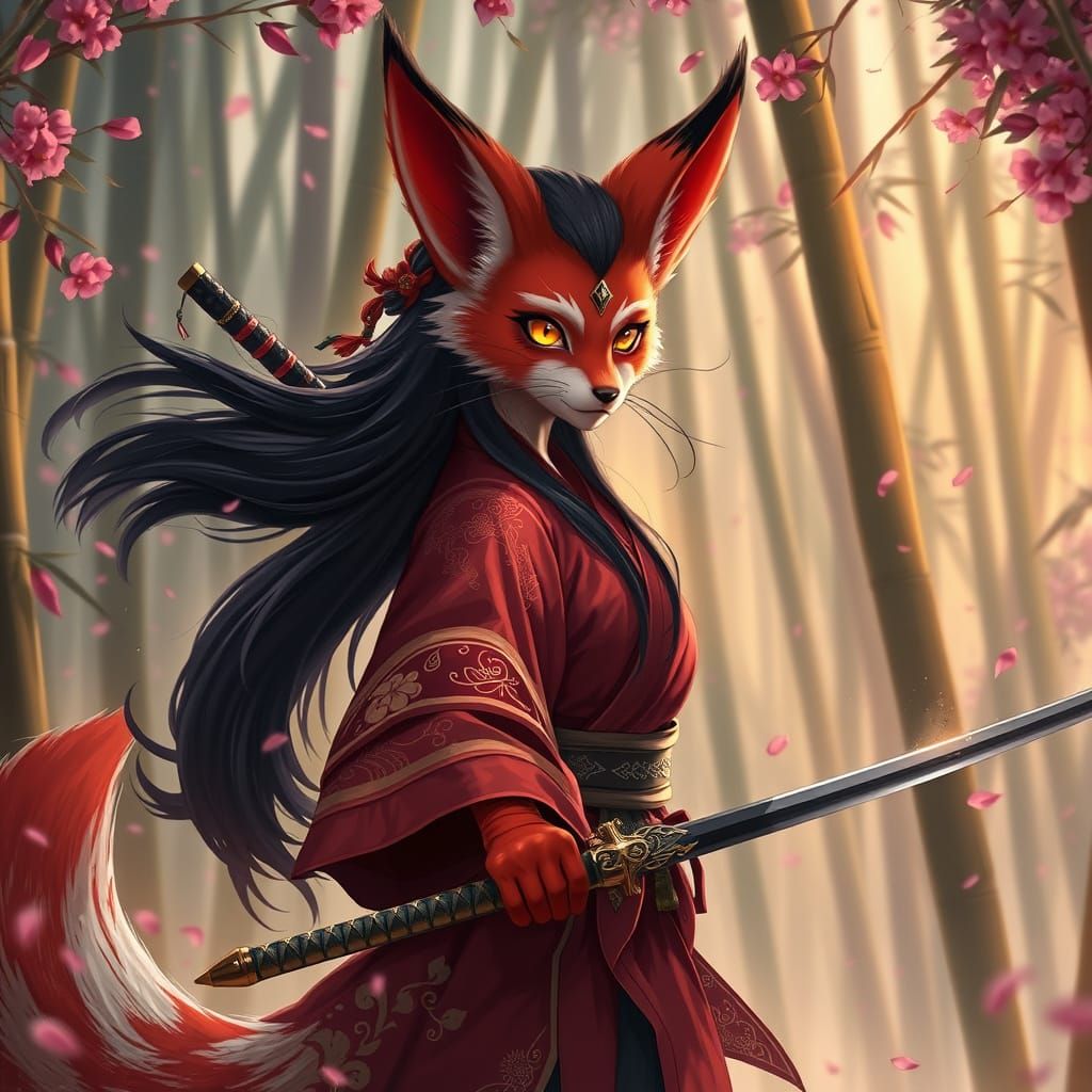 Mystical Kitsune Warrior in Semi-Realistic Digital Art