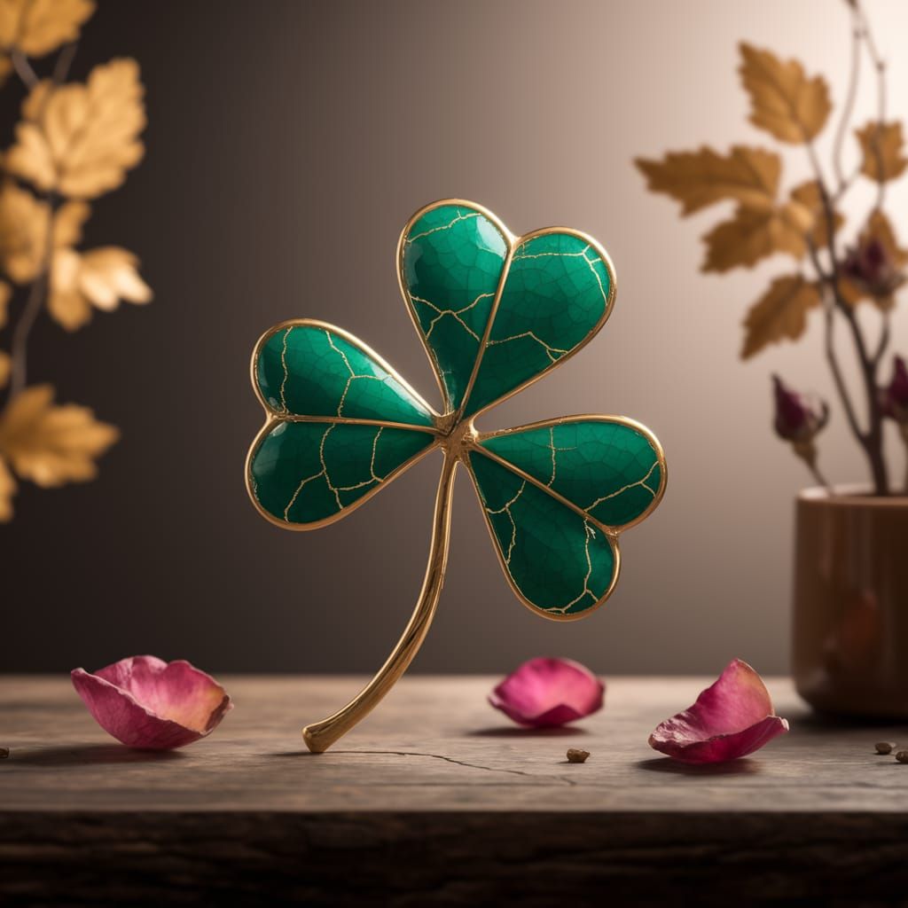 Elegant Golden Kintsugi Porcelain Shamrock in Warm Autumn Li...