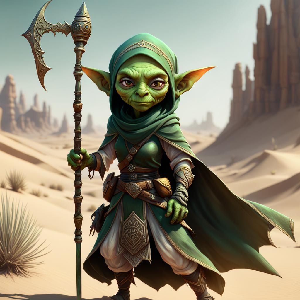 Adorable Goblin Cleric in Desert Landscape