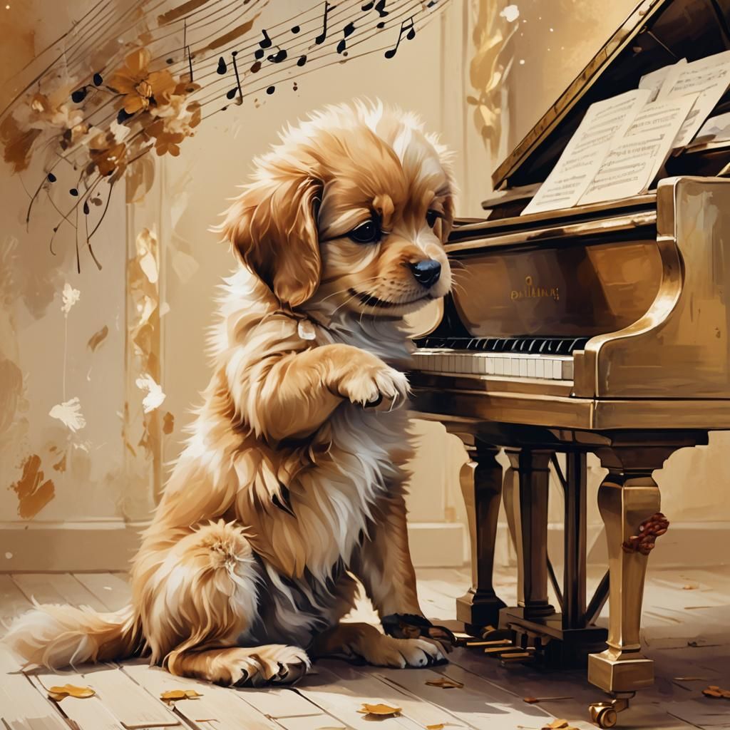 Puppy Plays Piano in Whimsical Digital Art