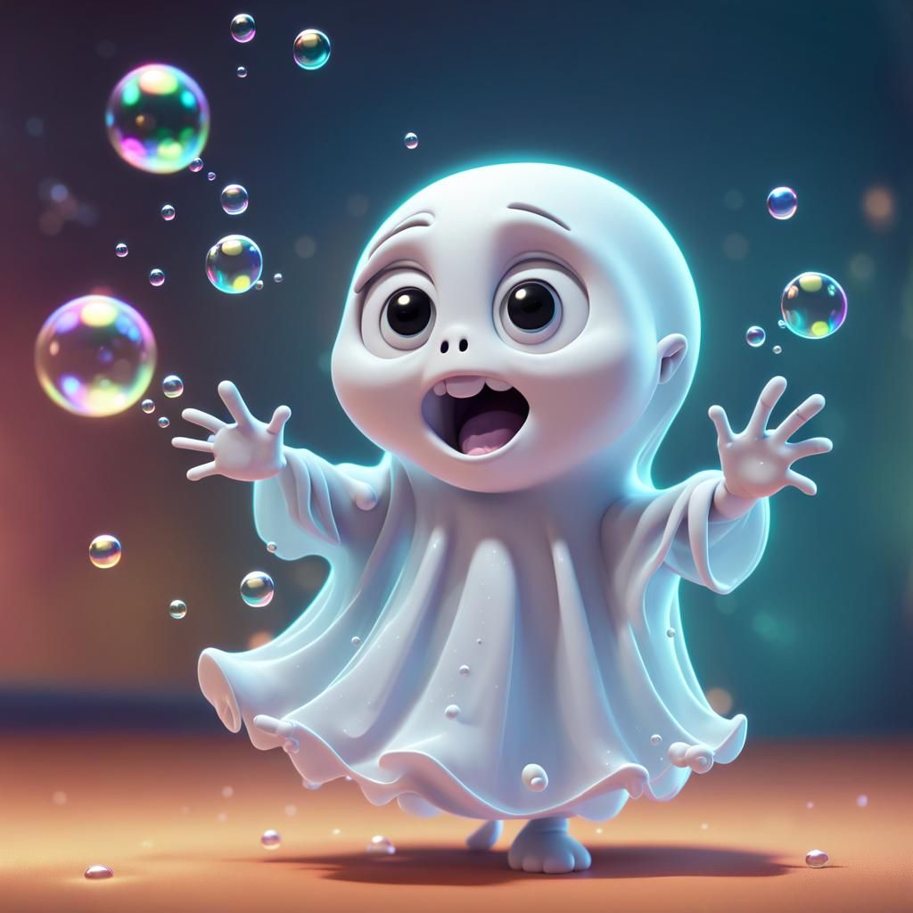 Cute Ghost Child Popping Bubbles in 3D