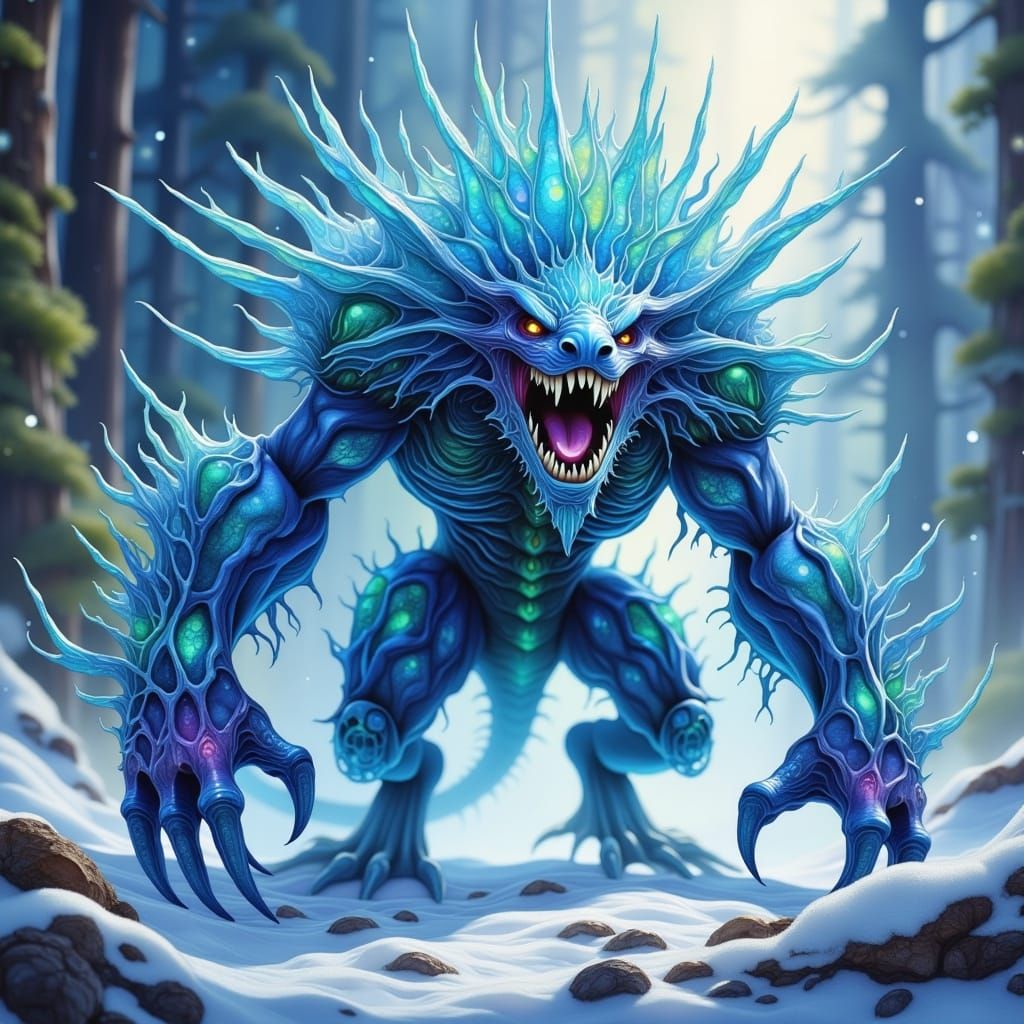 Frost Monster Amidst Icy Snowscape in Cyberpunk Digital Art