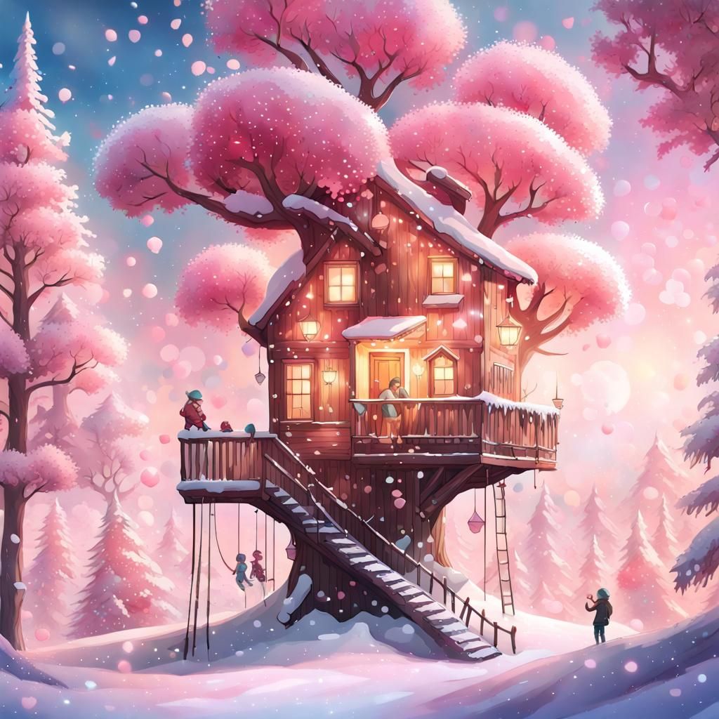 Pink Bubblegum Treehouse in Crystalline Winter Fantasy