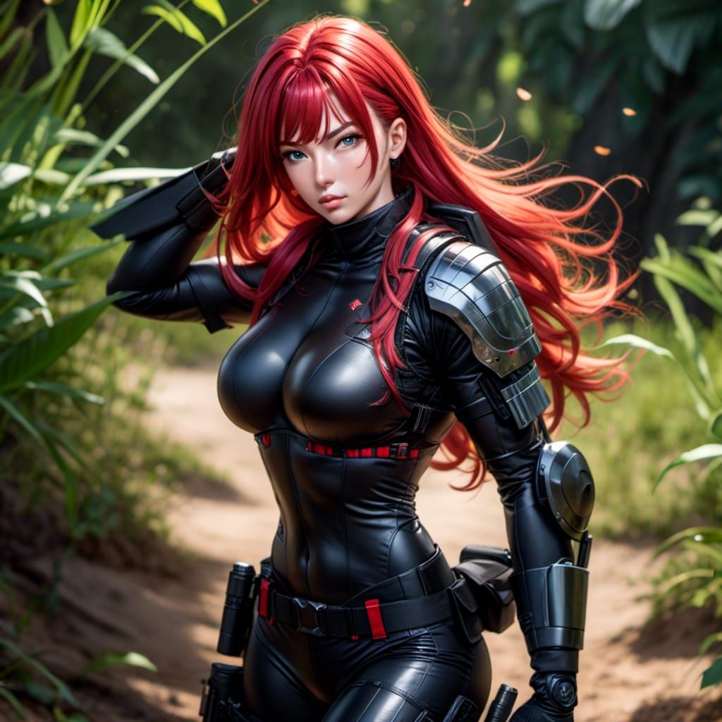 Female Soldier with Red Hair in Combat Gear