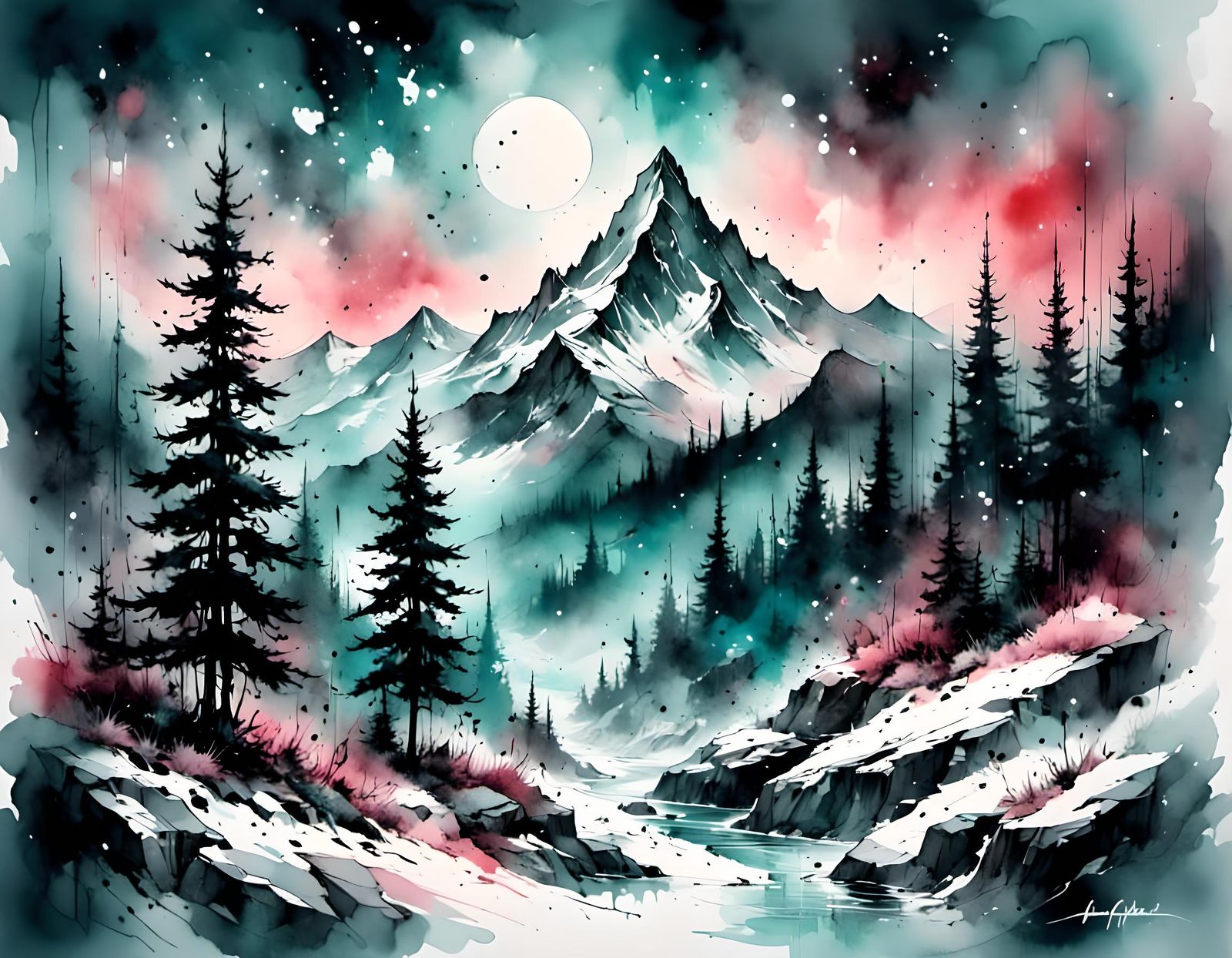 Winter Landscape in Watercolor Vignette Style