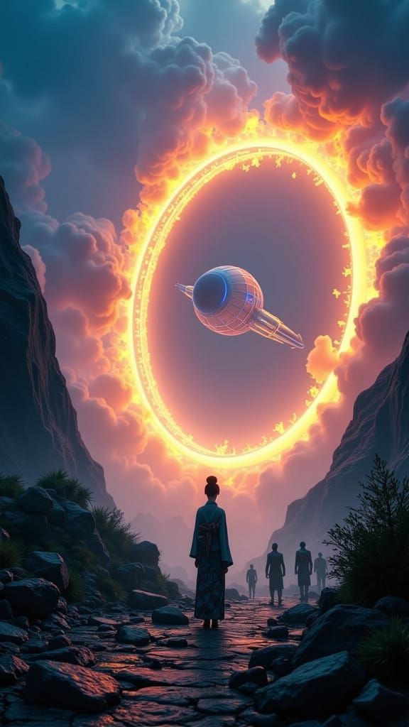 Colossal Spaceship Emerges from Cosmic Ring, Shinto Temple R...