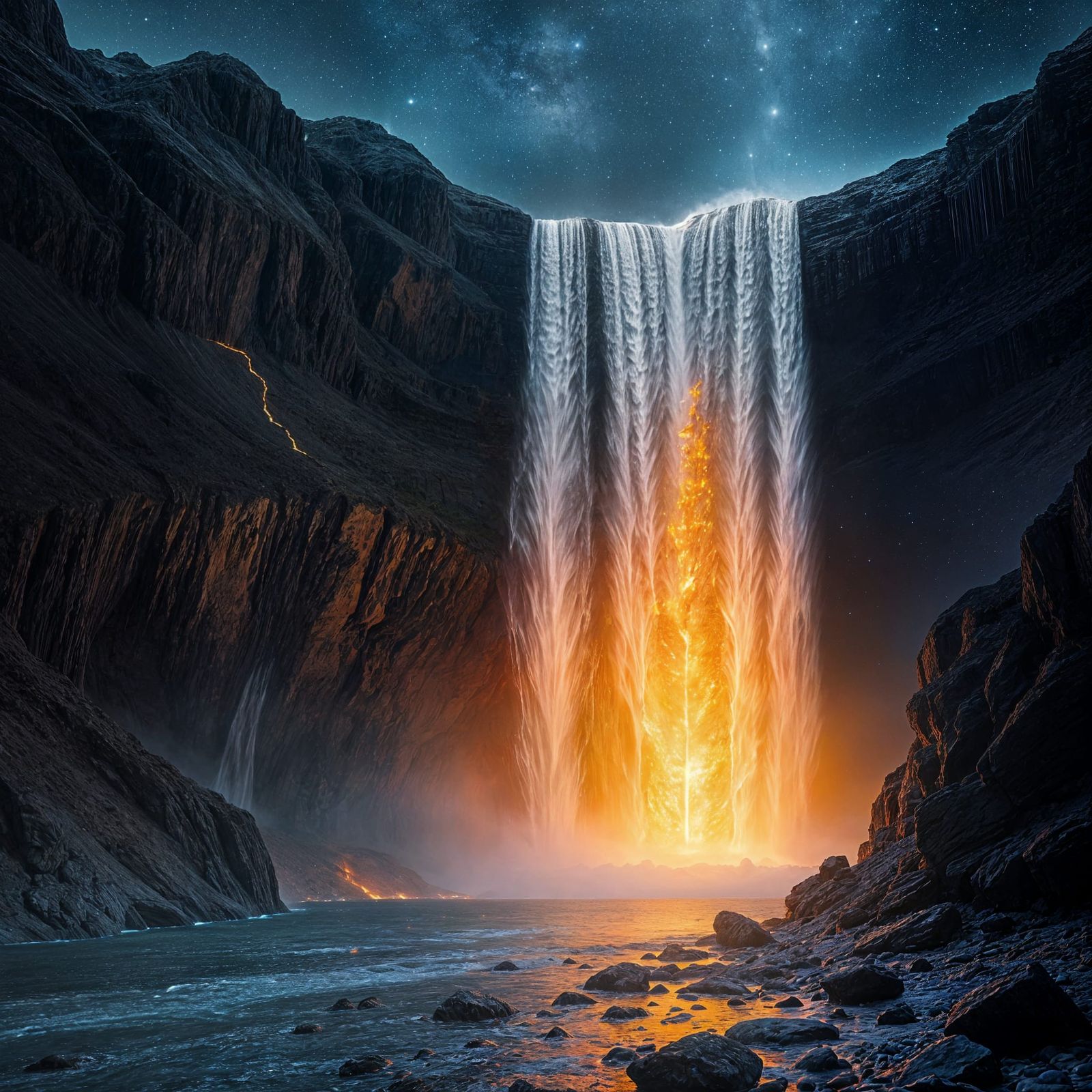 Cosmic Waterfall With Fire and Glowing Lights