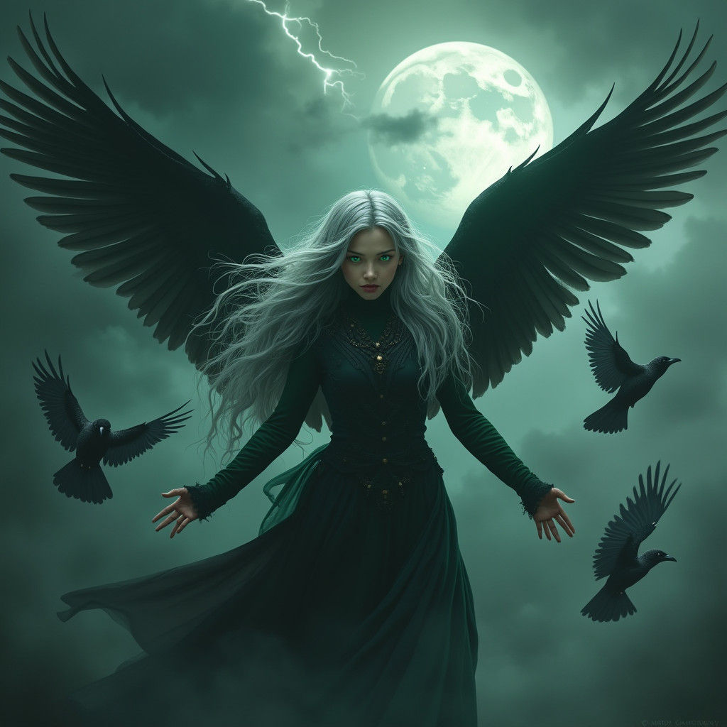 Raven-Winged Woman Soaring Through Stormy Sky