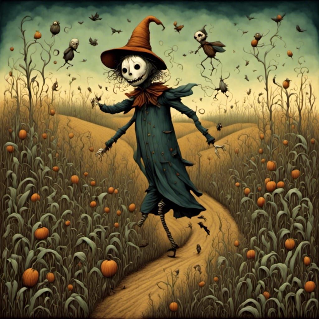 Scarecrow Fairy Emerges from Cornfield in Dark Whimsy