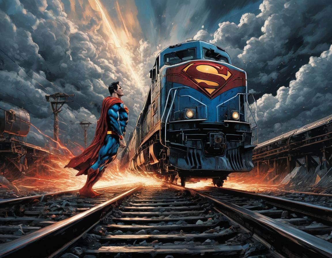 Superman Confronts Speeding Train in Comic Book Style