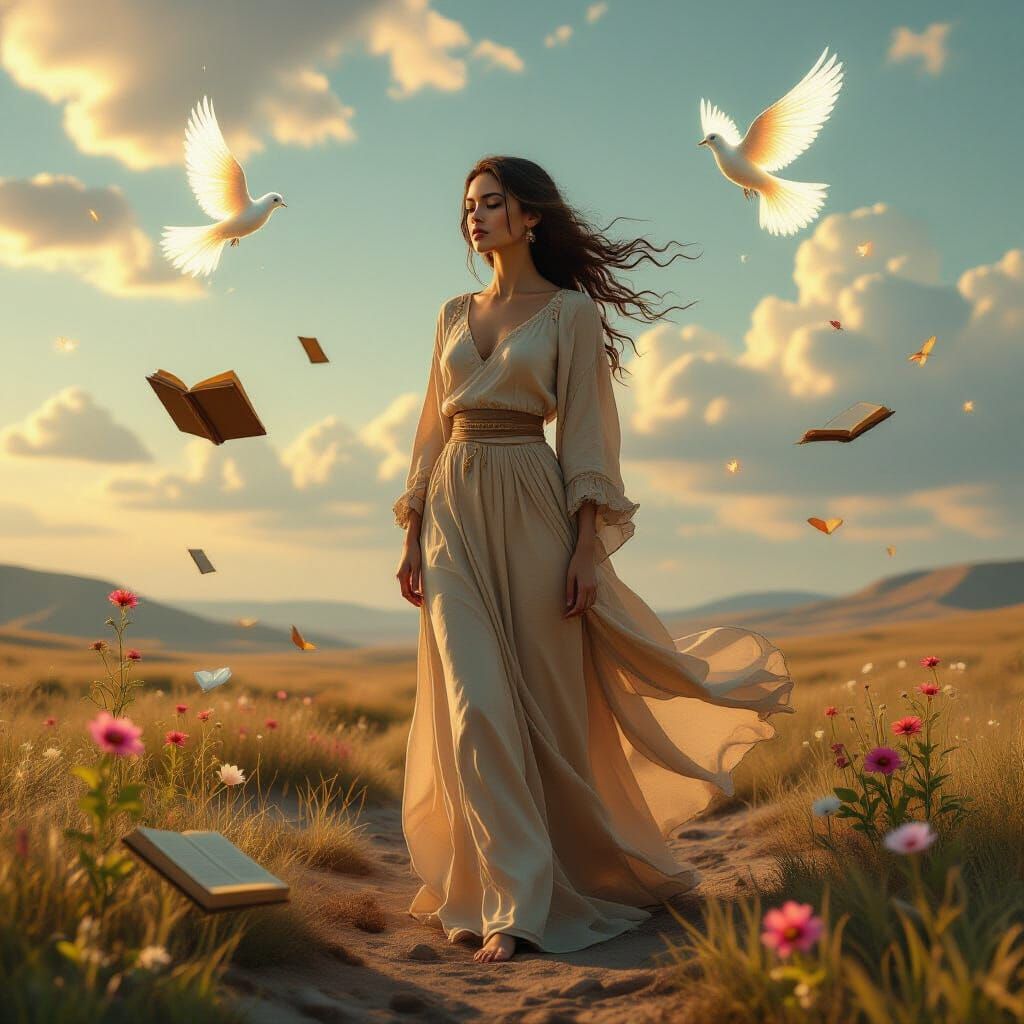 Ethereal Woman in Surreal Landscape, Cinematic Style