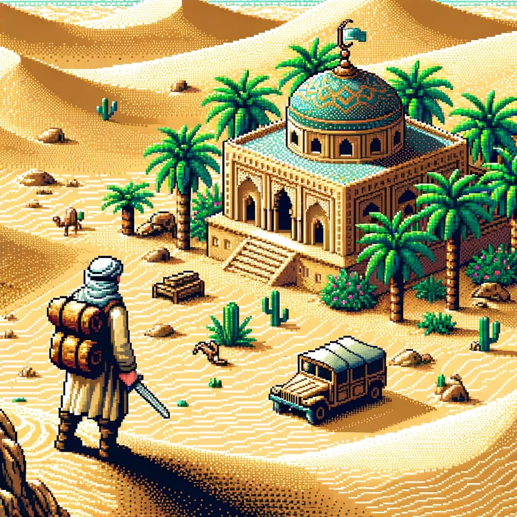 Pixel Art Oasis Scene in Retro Style