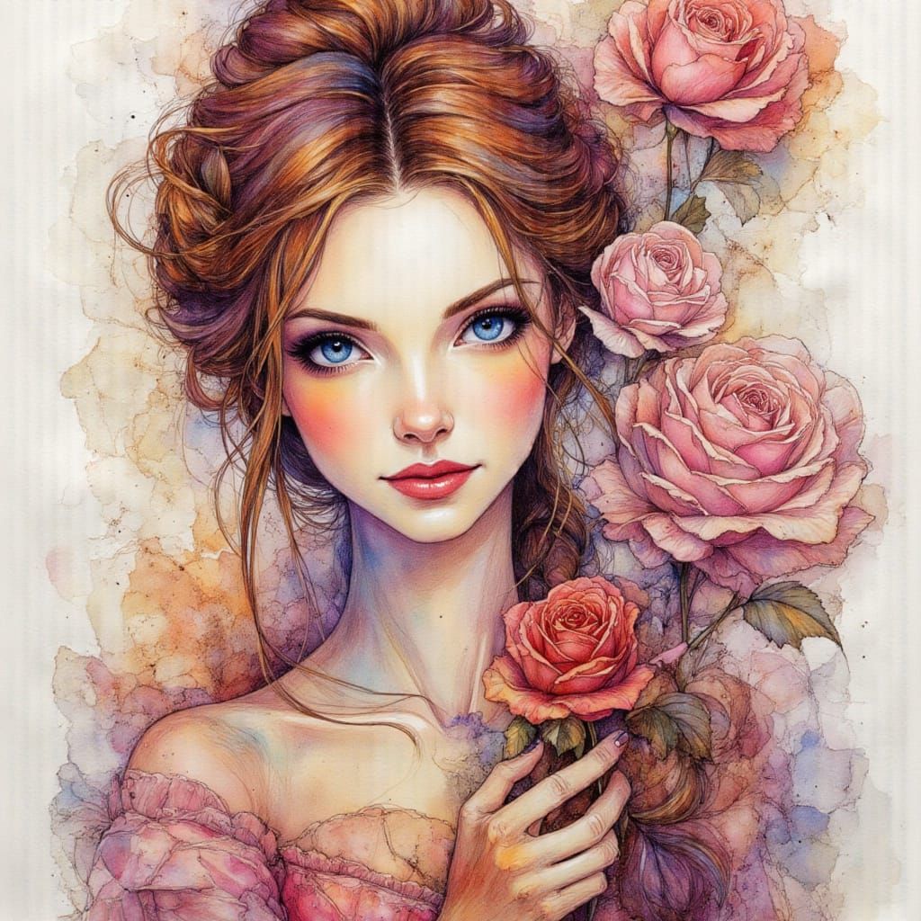 Belle and Rose: Intricate Pen and Ink Masterpiece