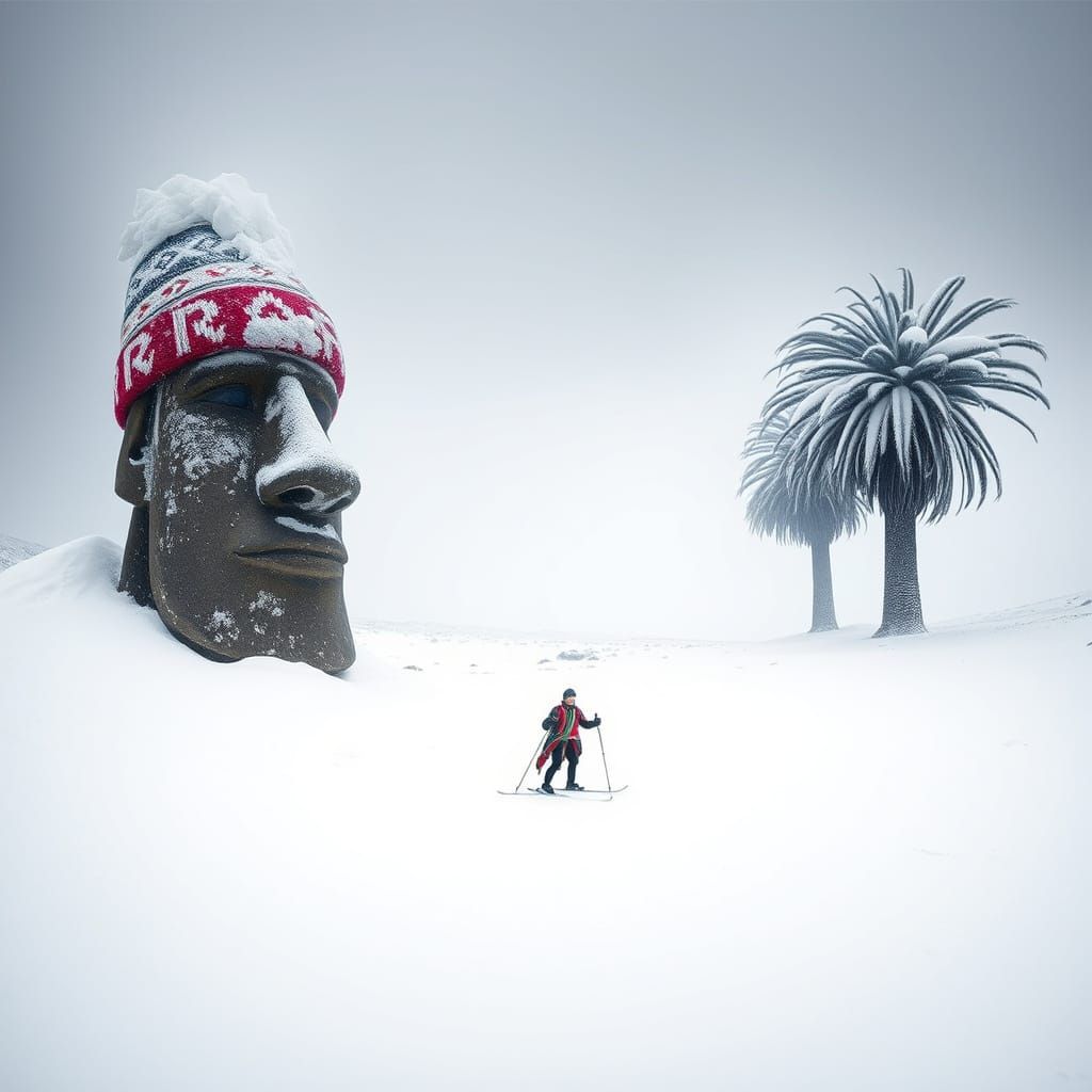 Snowy Easter Island Moai with Skier