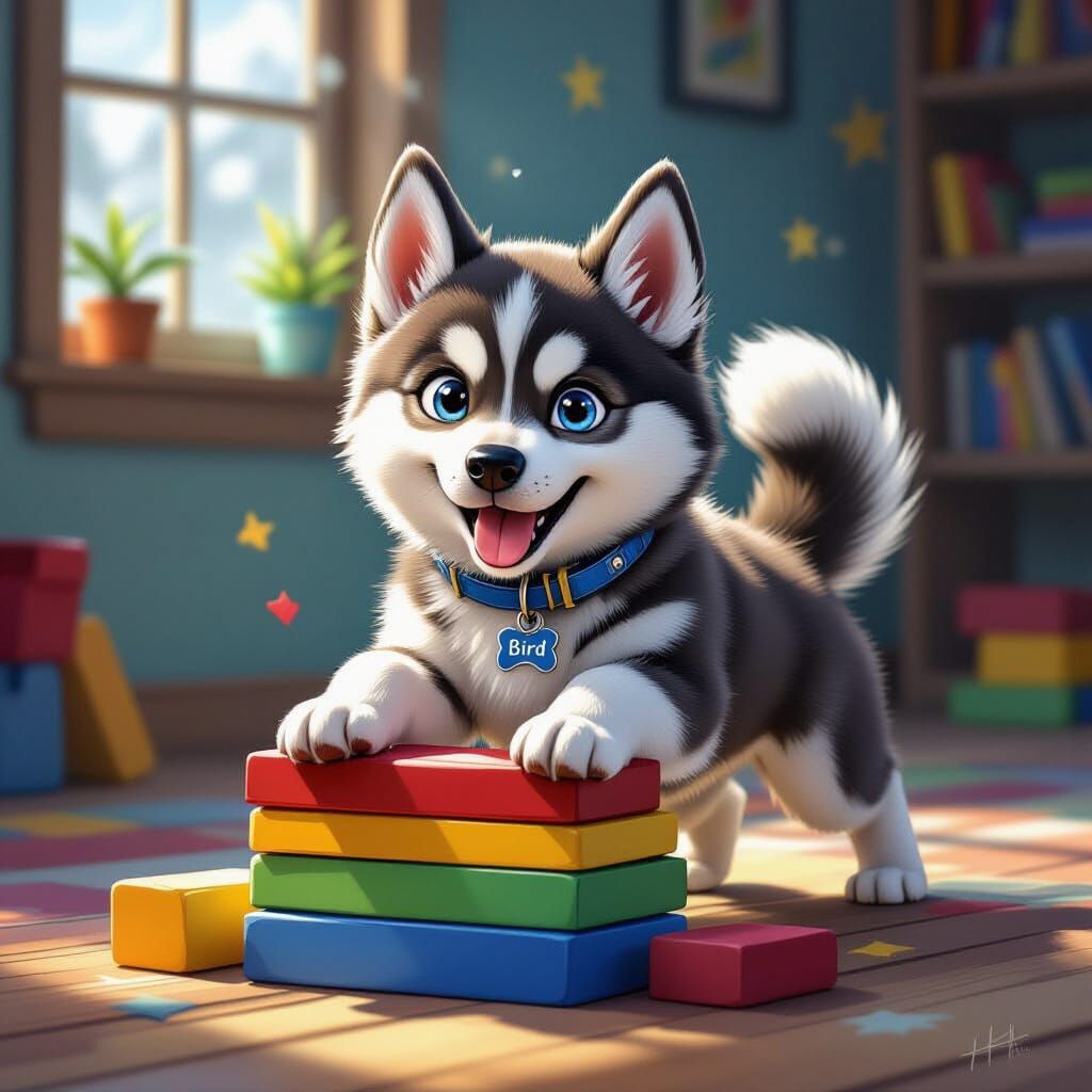 Husky Frolicking Behind Rainbow Blocks in Dark Fantasy Style