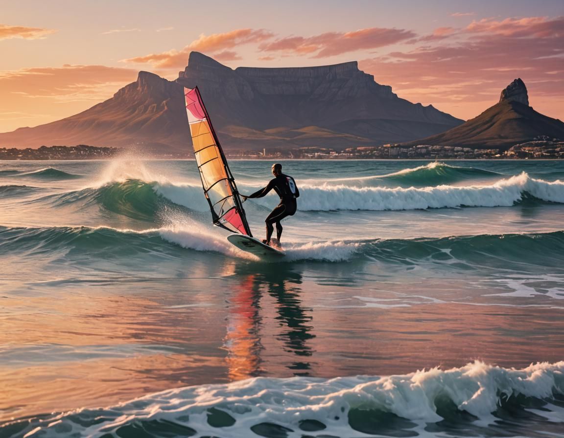 Surrealist Windsurfer at Sunset with Table Mountain