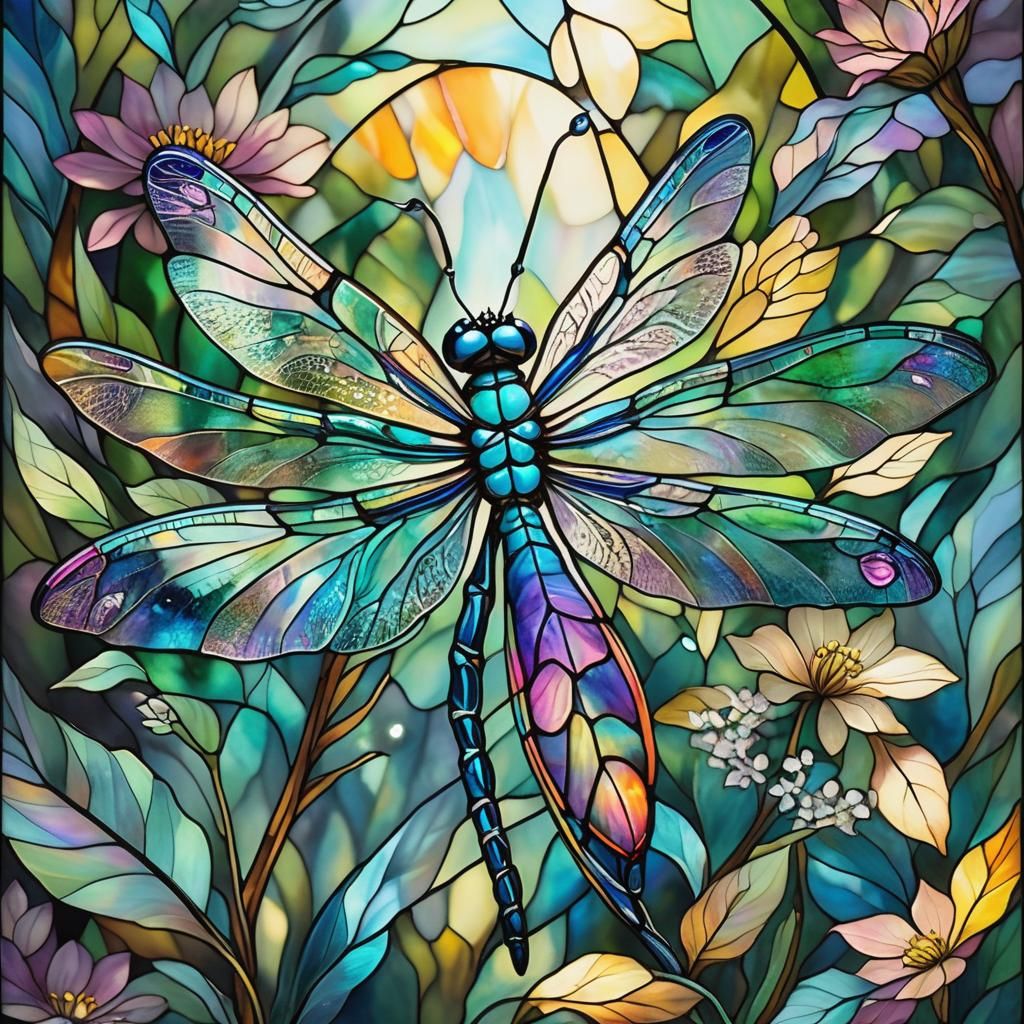 Dragonfly in Stained Glass Surrealist Garden