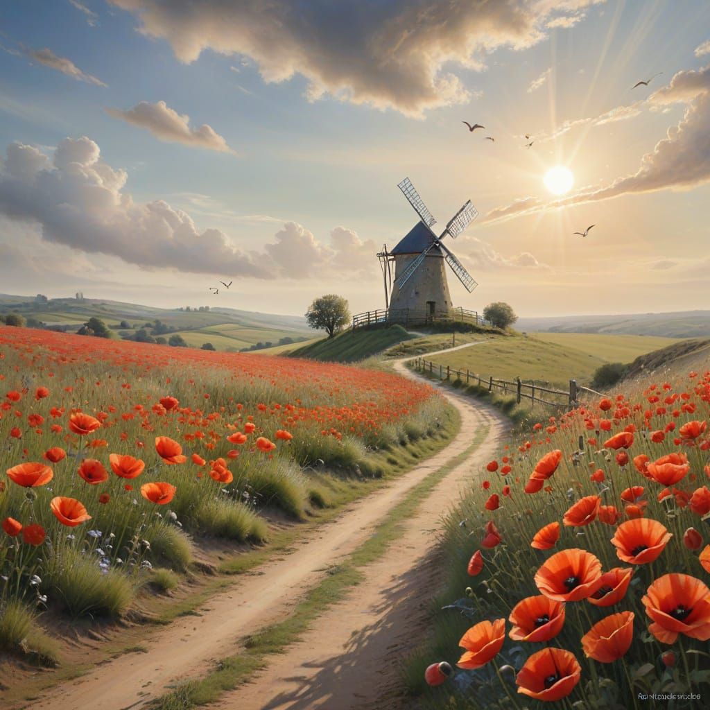 Serene Windmill and Poppy Field Landscape in Watercolour Ske...