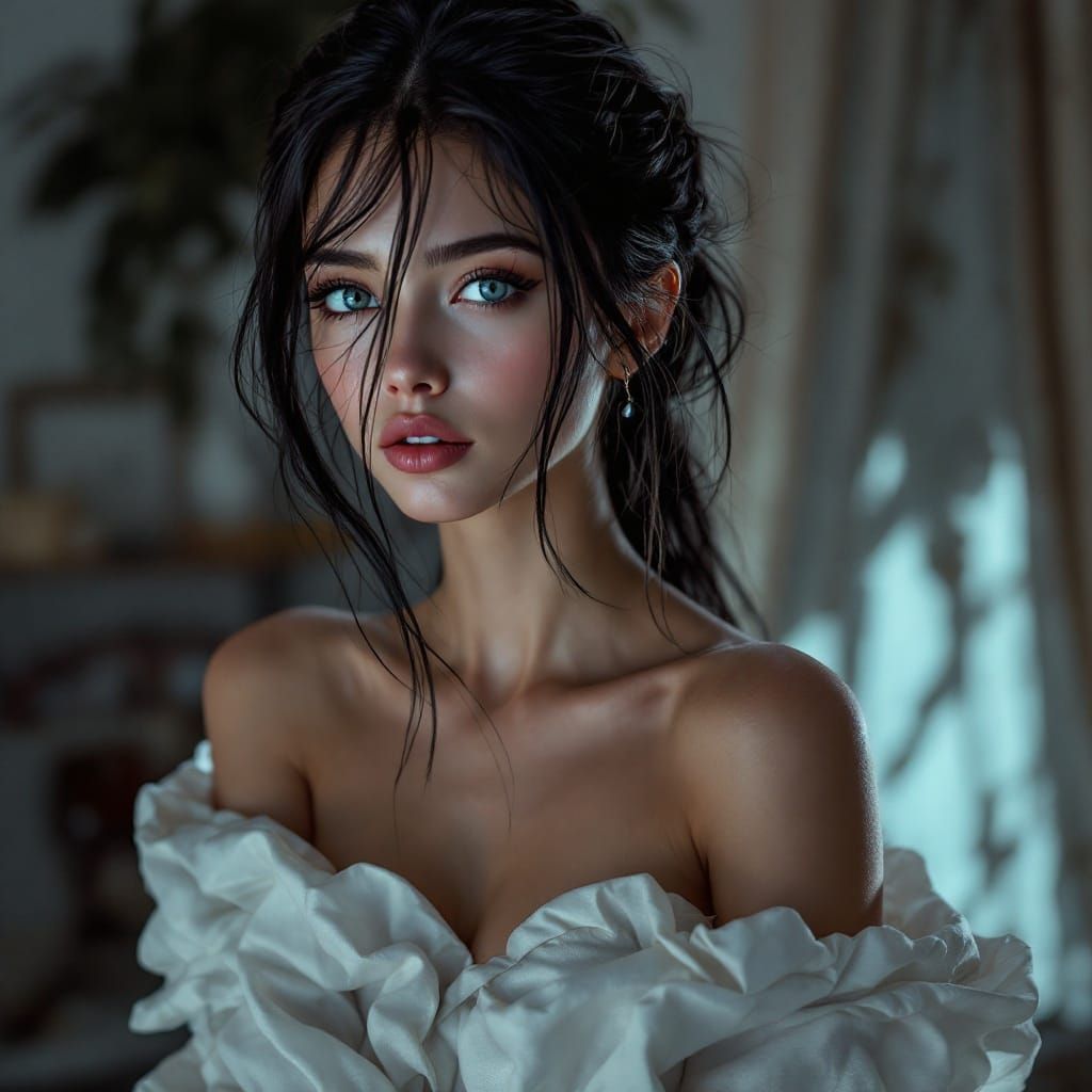 She is a striking beauty with jet-black hair cascading to her mid-back, often tied up to frame her delicate yet captivat...