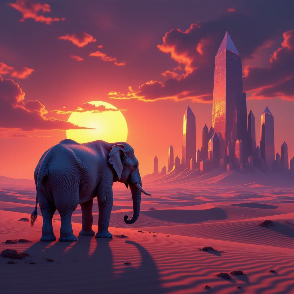 White Elephant Gazes at Binary Sunset on Sandy Dunes