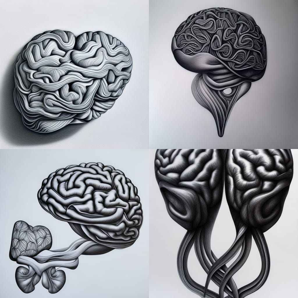 Brain Above Heart in Charcoal and Ink
