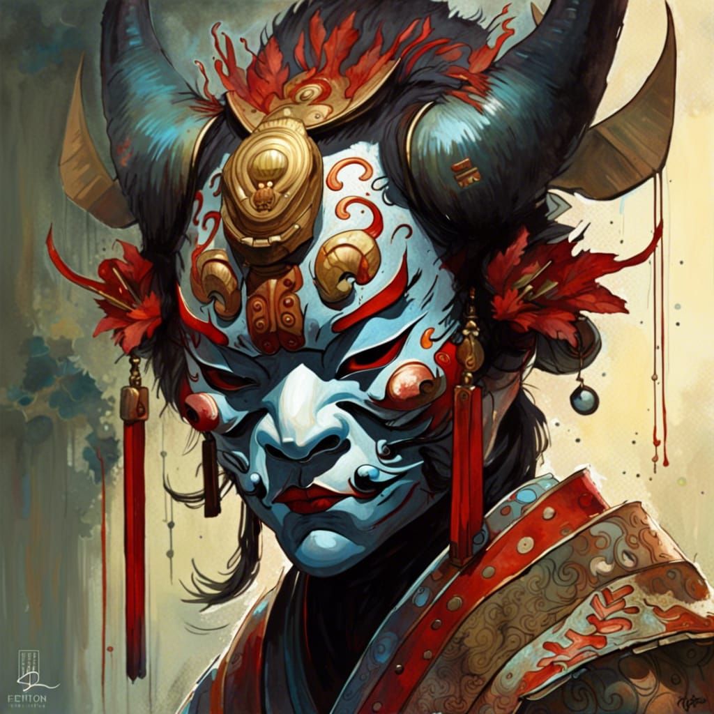 Kabuki Oni Mask Portrait in Hyperrealistic Style