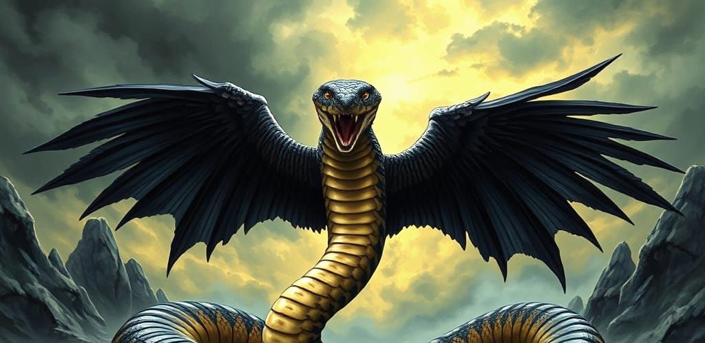 Fantasy Cobra Snake with Tiger Forelegs and Crow Wings in Ag...