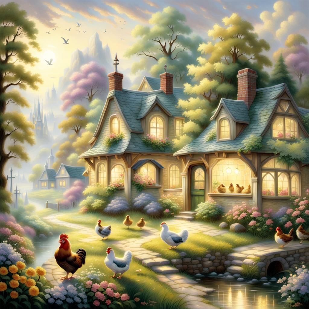Ethereal Mother Hen and Chicks in Village Scene