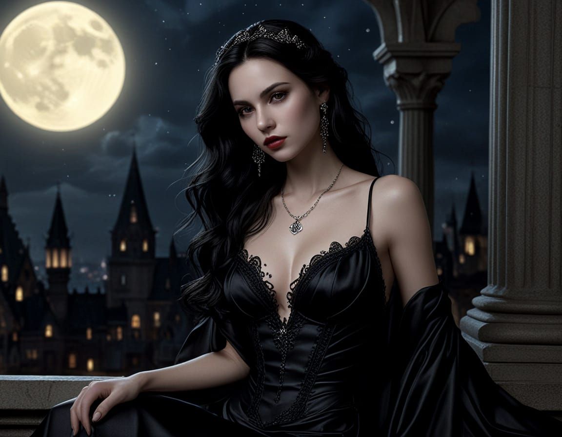 Surreal Vampire Goddess in Midnight Ballgown