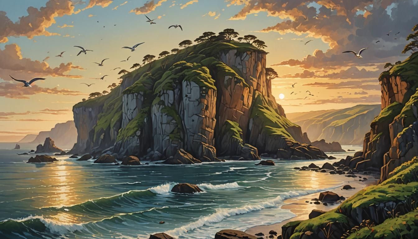 Majestic Cliffs and Ocean View in Romantic Landscape Paintin...