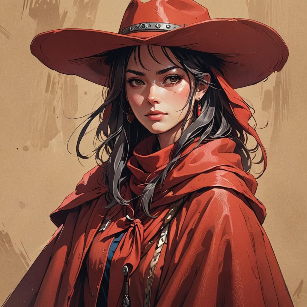 Anime Portrait of Woman Cowboy with Red Poncho