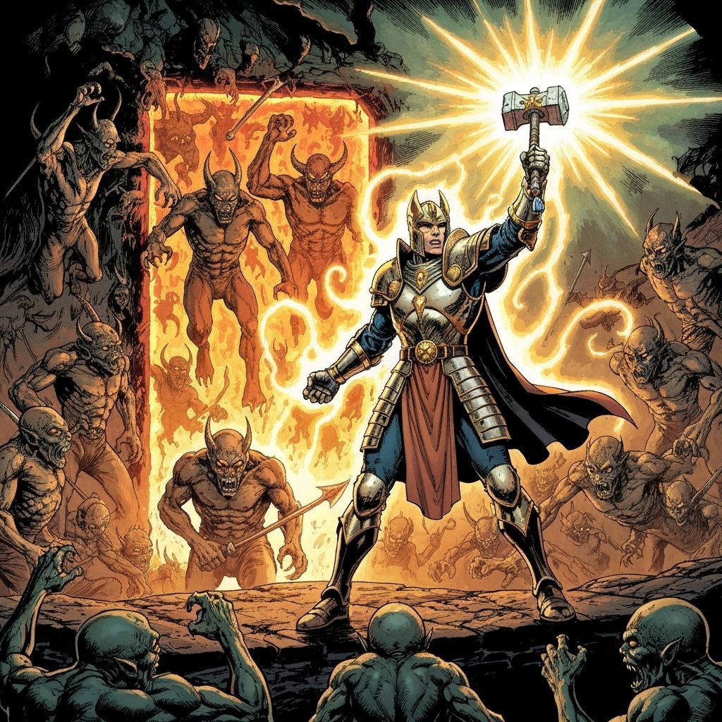 Cleric of Torm Battles Demons in Comic Book Style
