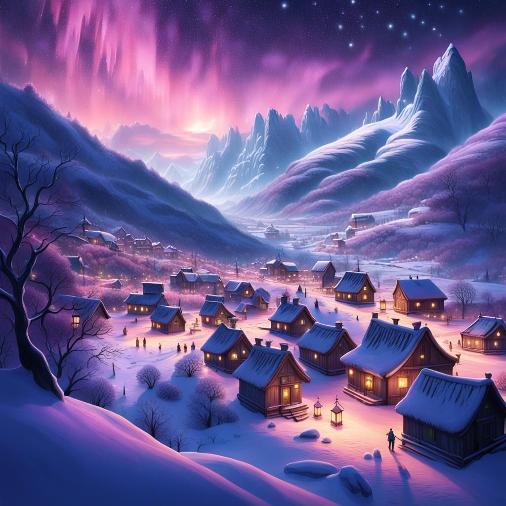 Whispers of Ancient Songs in a Snowy, Dreamy Village Under t...