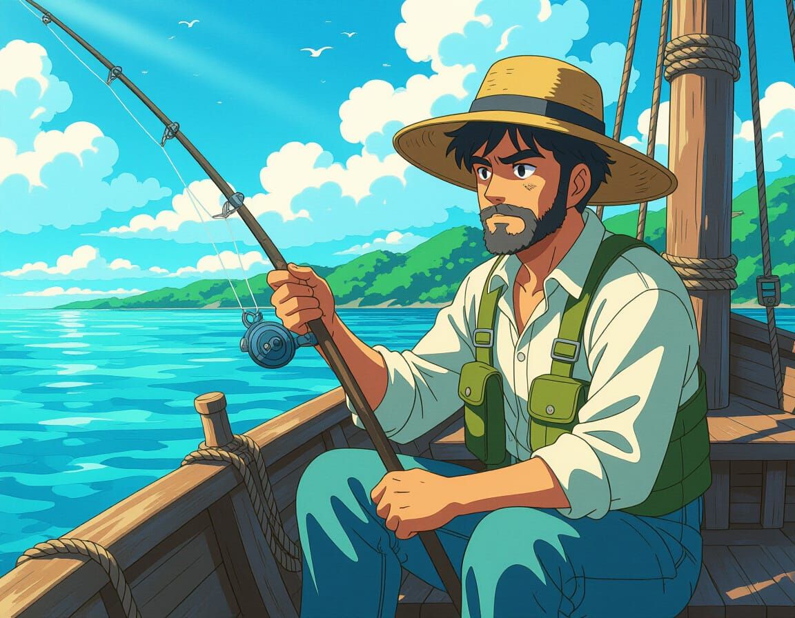 Nostalgic Fisherman in Dynamic Anime Style