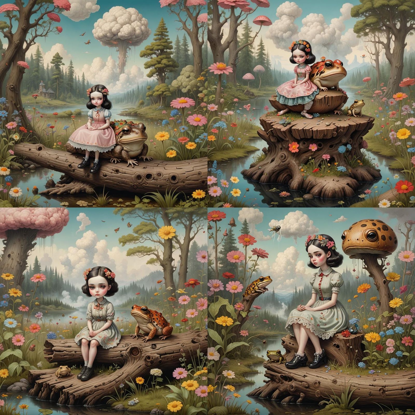 Whimsical Girl with Toad and Nuclear Cloud