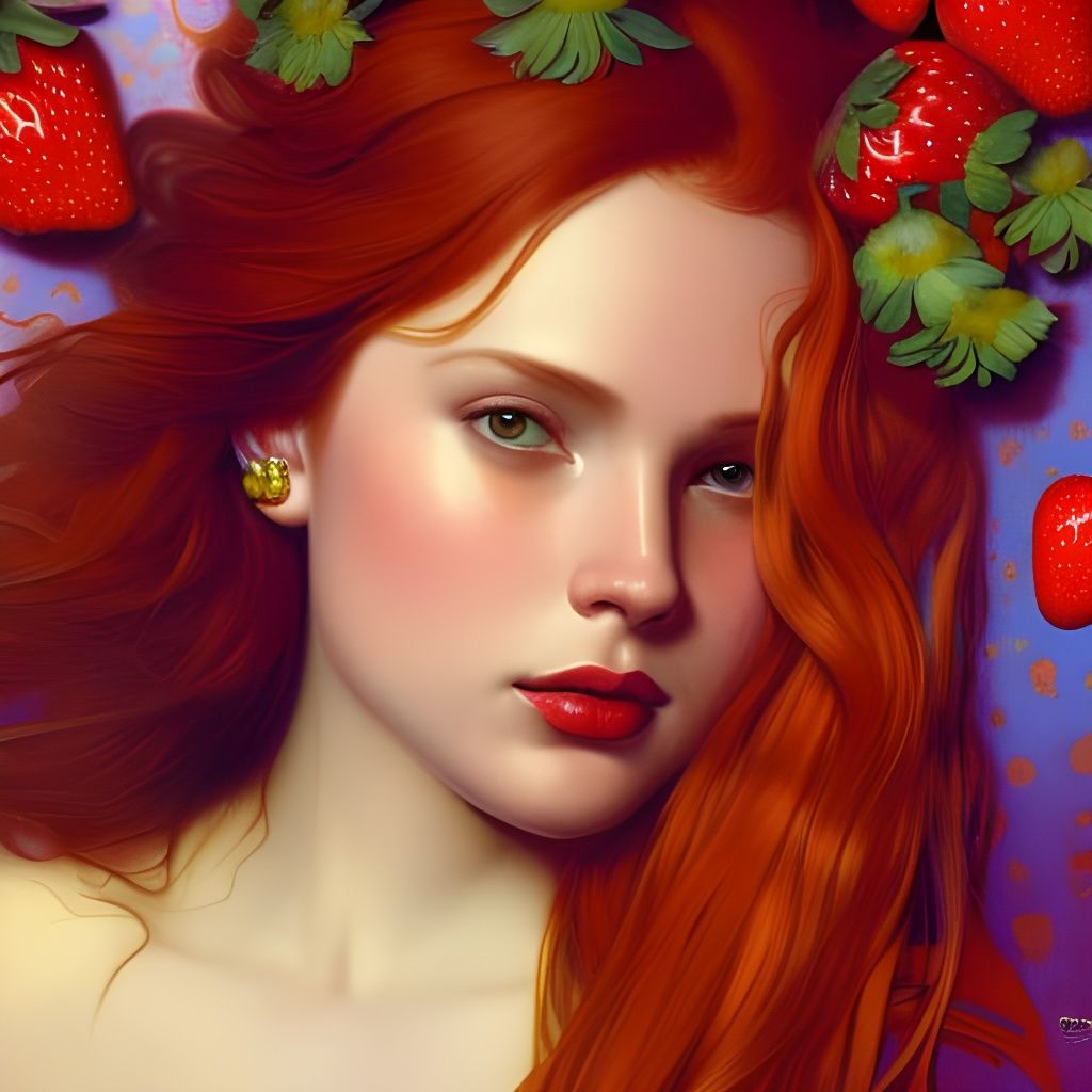 Girl with Red Hair and Strawberries, Hyperdetailed Digital A...