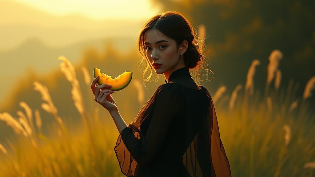 Melancholic Woman with Melon in Dreamlike Landscape