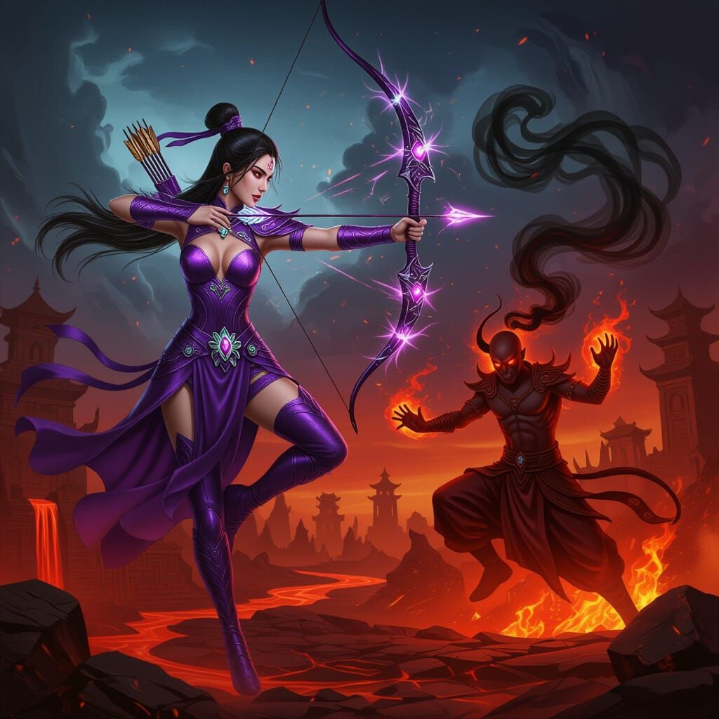 Fantasy Cultivator Battles Demon Monk in Fiery Landscape