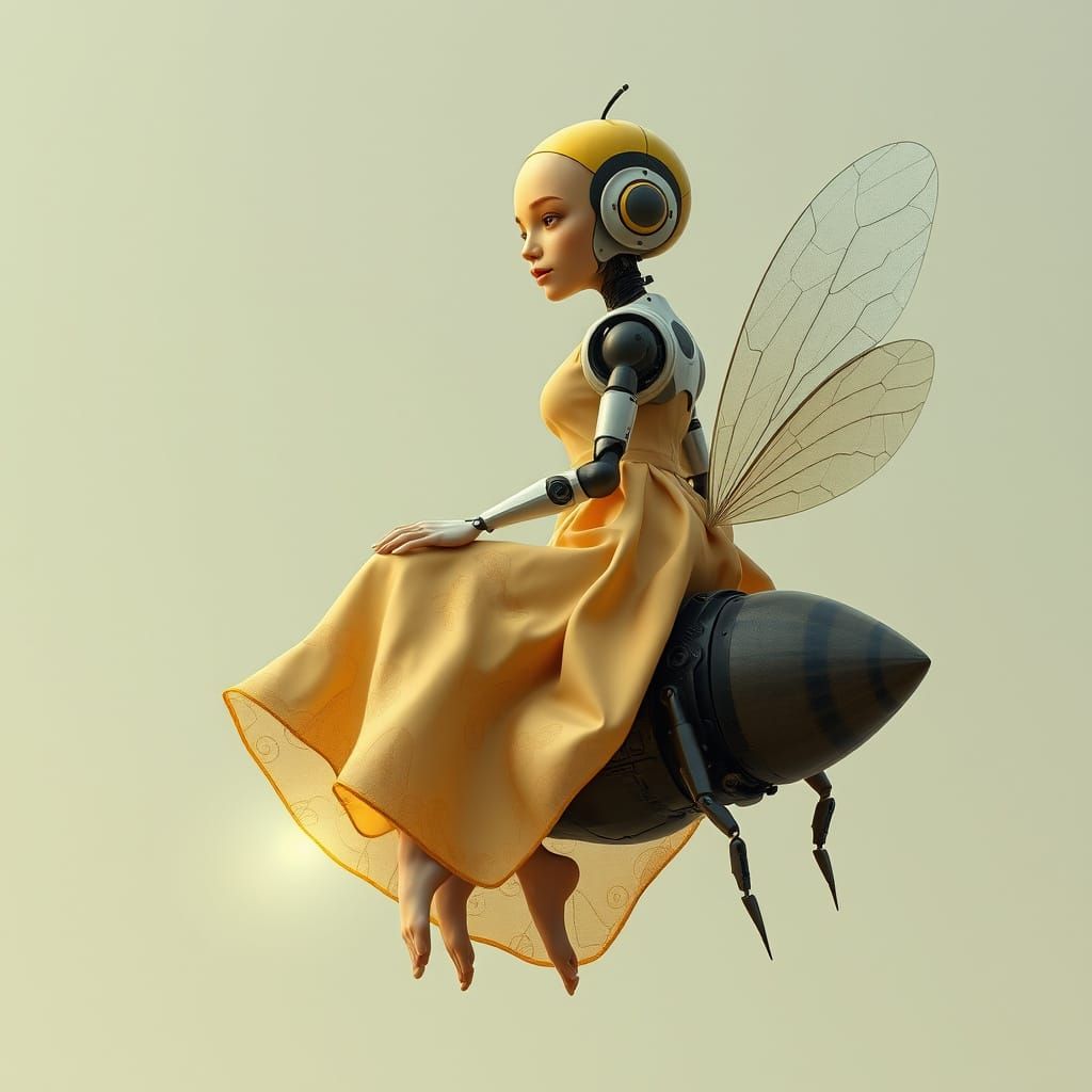 Retrofuturistic Woman in Mango Dress Glides Through the Air ...