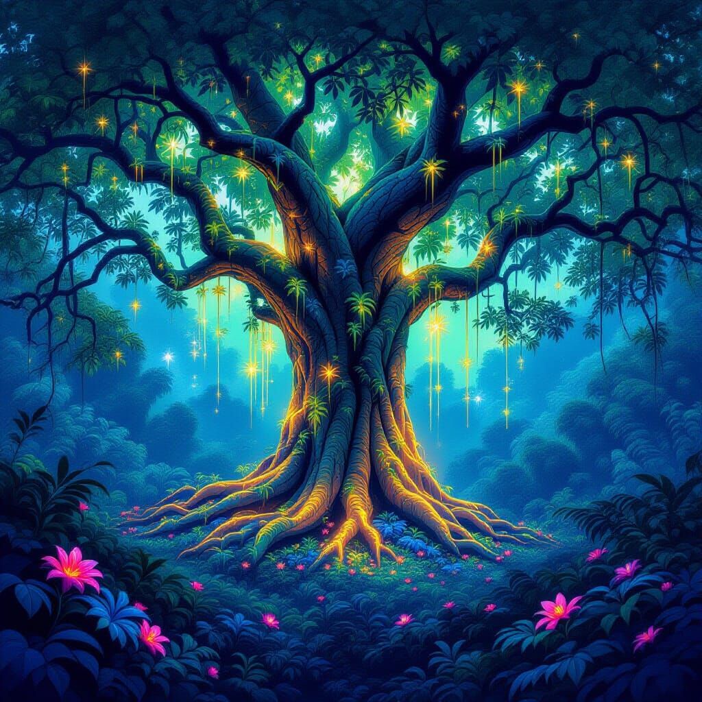 Bioluminescent Banyan Tree in Art Nouveau Style