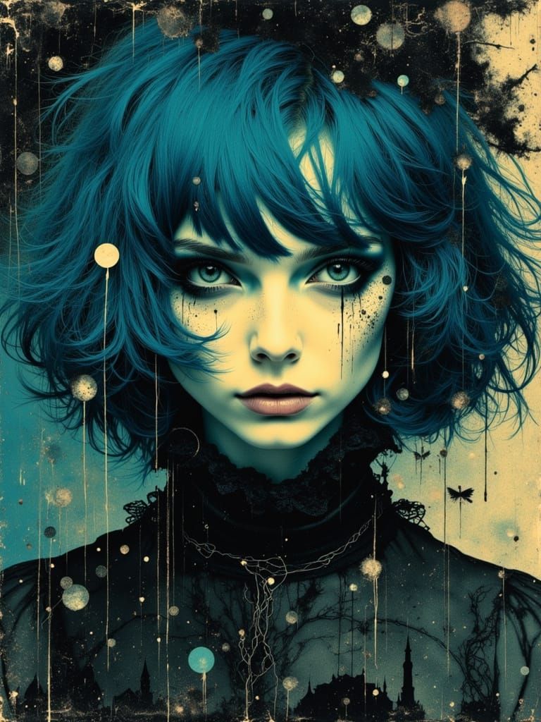 Gothic Abstract Portrait of Woman with Blue Hair