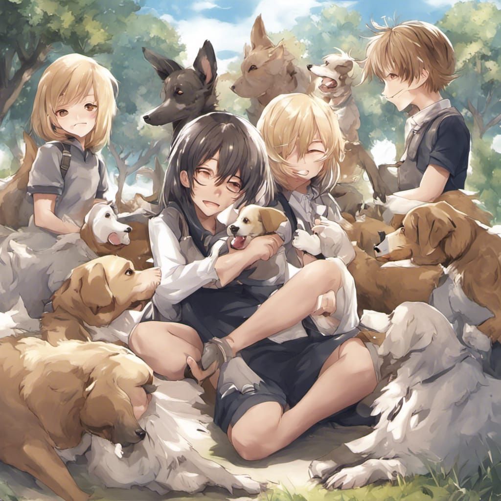 Children Petting Dogs in Anime Style