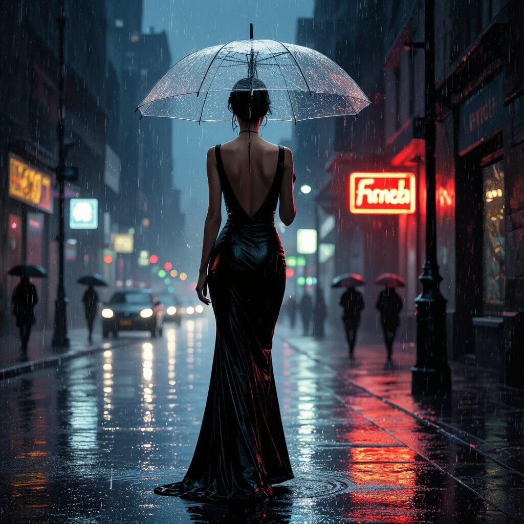 Elegant Woman in Rain-Drenched Metropolis, Impasto Style