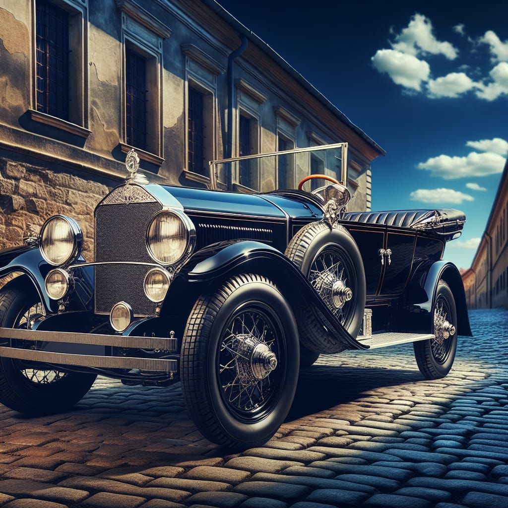 Vintage 1920s Automobile on Cobblestone Street