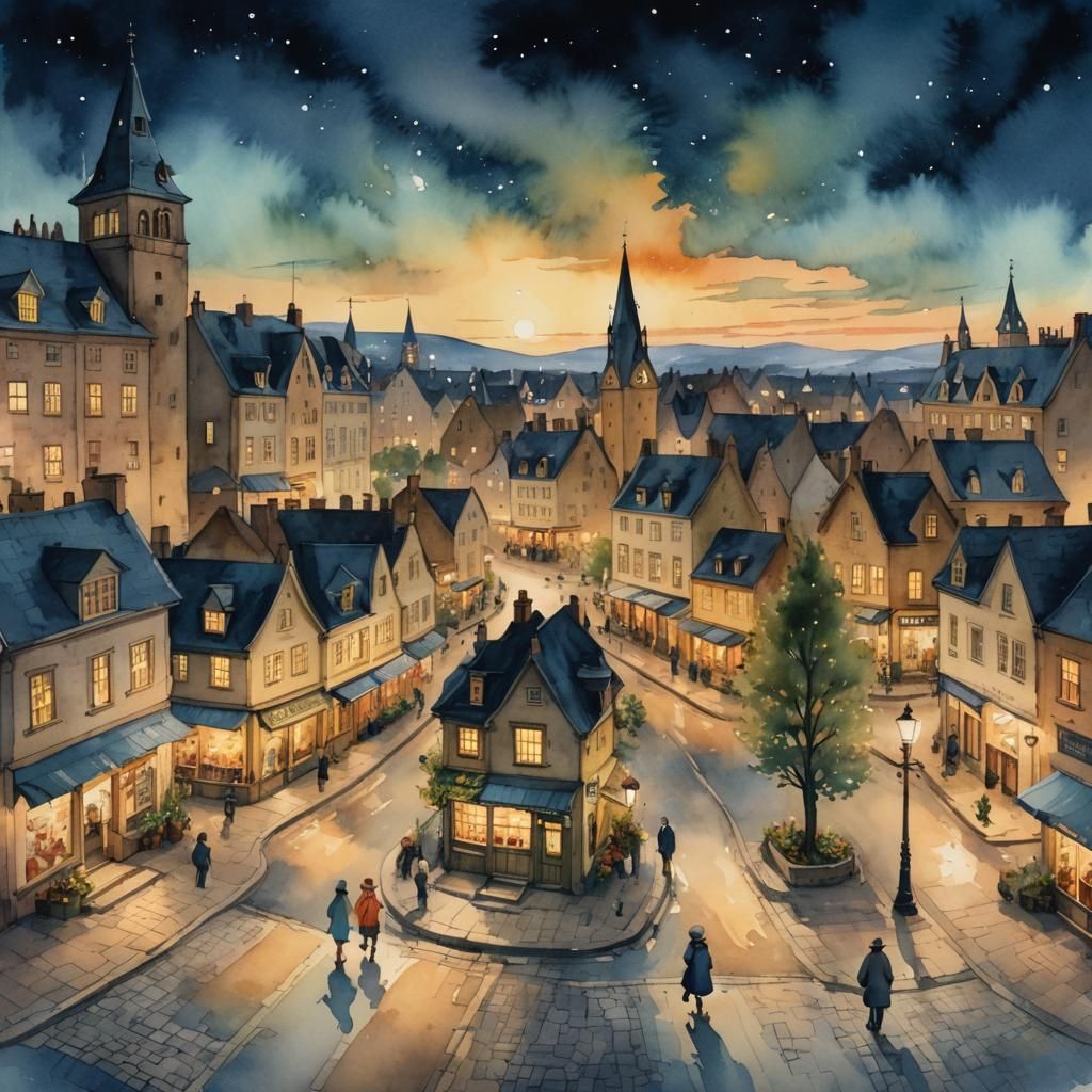 Whimsical Nighttime Town Square in Watercolor Style