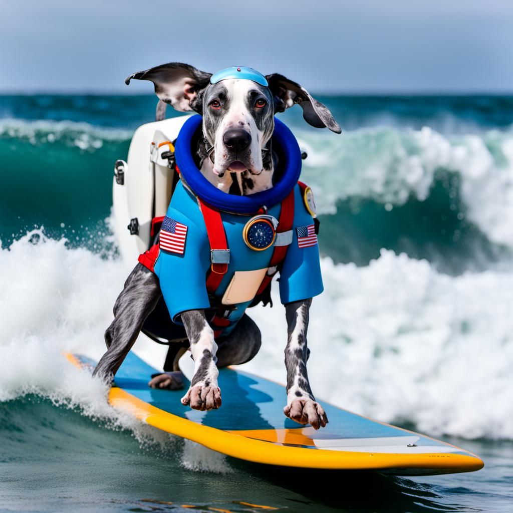 Astronaut Great Dane Surfing a Big Wave