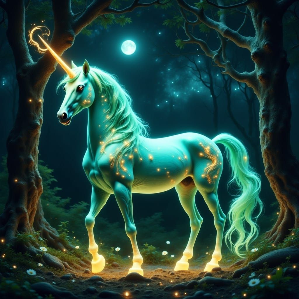 Glowing Turquoise Unicorn in Dark Woods at Night