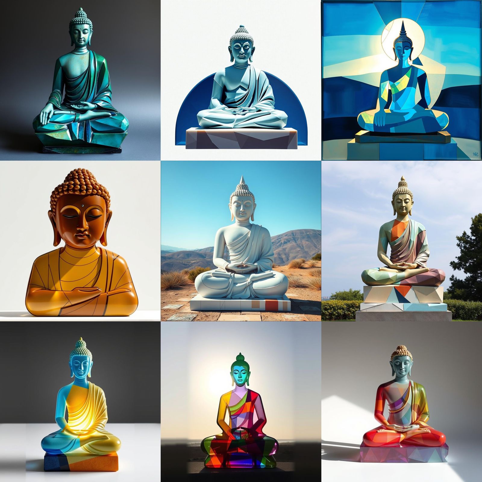 Meditating Buddha Enamel Glass Statue in Cubist Style