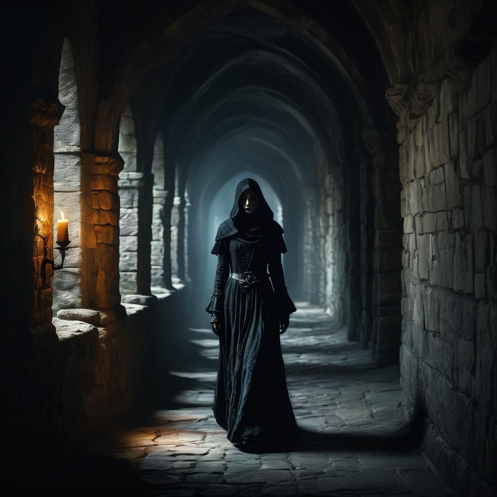 Eerie Lady in Medieval Corridor: Dark Fantasy Art
